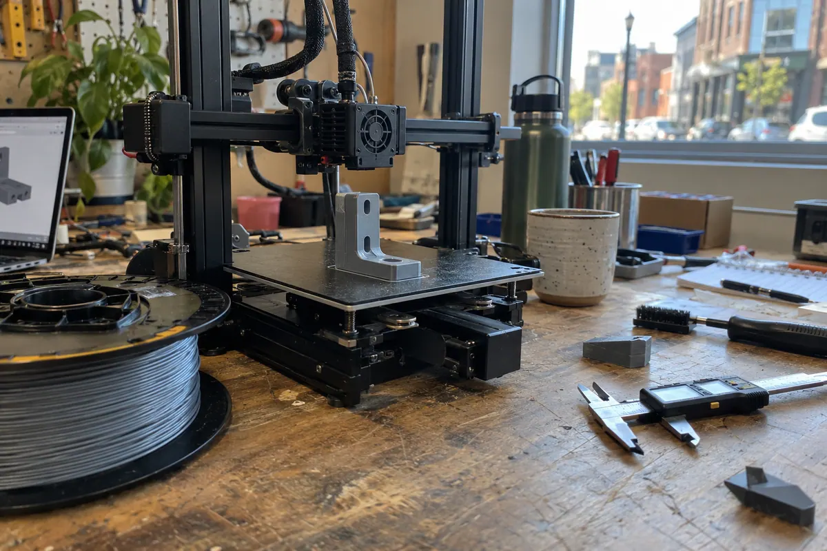 Desktop 3D printer producing a prototype bracket for Nashville printing and design projects